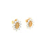 A pair of Virgin Mary stud earrings featuring an oval design at the center, encircled by sparkling zirconia stones set in a stunning sunburst pattern, made with gold rose filled material.